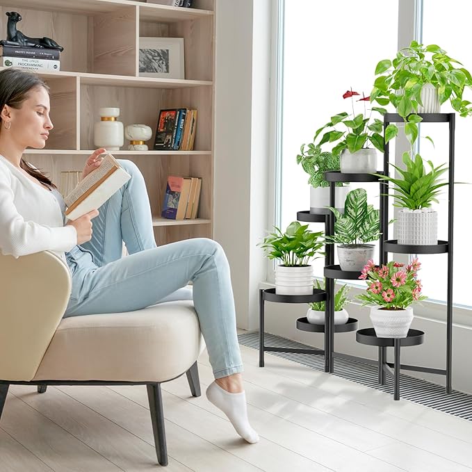 iDavosic.ly Plant Stand Indoor Outdoor, 8 Tier Corner Metal Flower Display Holder Shelf, Easy Assembly Folding Tall Orchid Rack for Patio Balcony Porch Garden Living Room House, Black