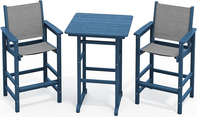 SERWALL 3 Pieces Textilene Adirondack Bar Set, Tall Adirondack Bar Height Chairs with Bar Table, Sling Balcony Adirondack Chairs, Weather Resistance Resin Outdoor Bar Height Stools, Blue