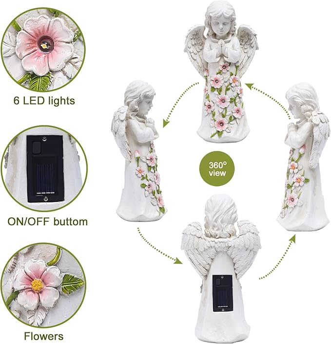 Nacome Garden Outdoor Statues Angel with Succulent and 7 LED Lights – Lawn Decor for Patio, Balcony, Yard Ornament - Chrismtas Gifts for Mom Grandma