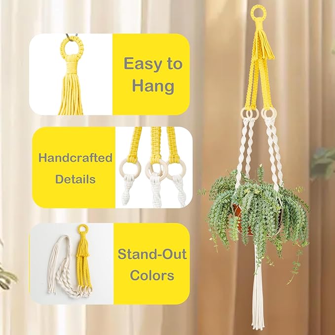 Large Macrame Plant Hangers Indoor & Outdoor (37.4”) Boho Two-Tone Colored Hanging Planters for Indoor Plants, Macrame Wall Hanging Decor for Flower Pots & Baskets (Pots Not Included)