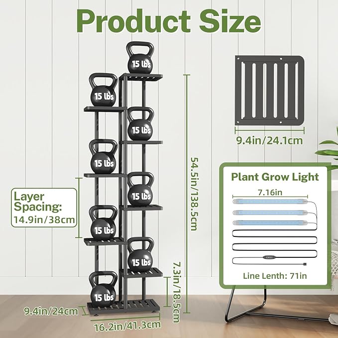 iDavosic.ly Plant Stand Indoor with Grow Light, 7-Tier Tall Metal Flower Shelf for Heavy-Duty Large Planters, Corner Orchid Display Rack for Living Room Balcony Patio Porch, Modern Black