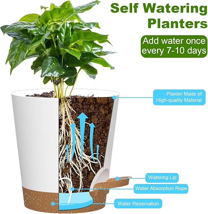 Self Watering Pots, 7/6.5/6/5.5/5/4 inch Flower Pots with Multi Mesh Drainage Holes, Small Platic Planters for Indoor Outdoor Garden Plants and Flowers (Whtie with Brown Tray, 7"+6.5"+6"+5.5"+5"+4")