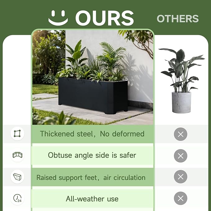 Steel Planter Box-32"x15"x15"-Rectangular Planters for Outdoor Plants, Black Matel Planter Box Raised Support Feet for Patio, Deck, Garden, Yard, Drain Holes, Easy Assembly