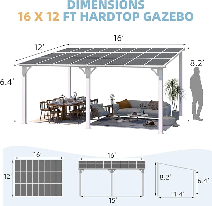 AECOJOY 16' x 12' Gazebo Outdoor Pergola for Patio, White Large Wall-Mounted Hard Top 12x16 Lean to Metal Gazebo Shelter Pergolas and Gazebos Clearance with Patio Roof, Heavy Duty Awnings for Backyard