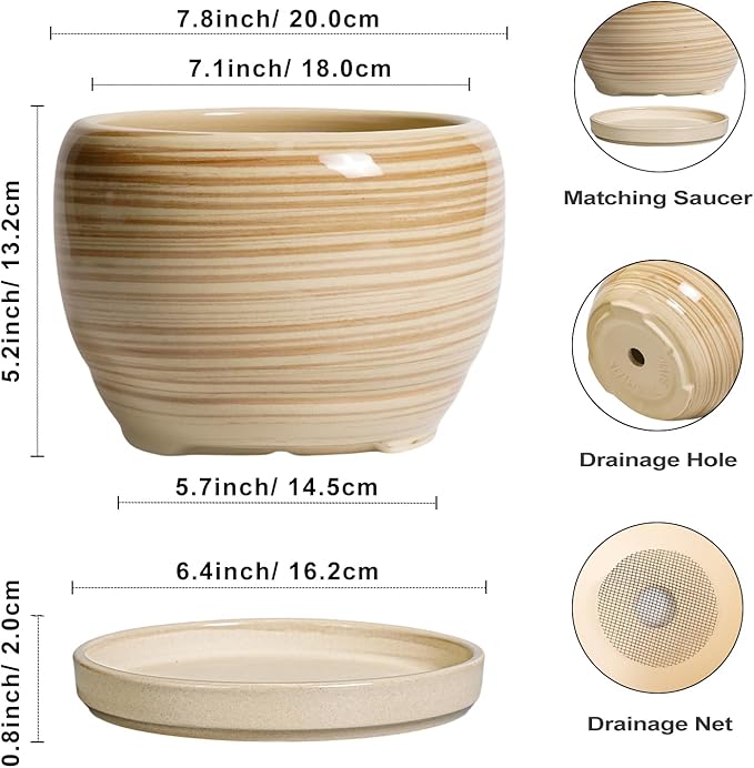 SQOWL Ceramic Planter- 8 Inch Plant Pot Indoor Outdoor, Round Planter with Drainage Hole and Plant Saucer, Decorative Modern Ceramic Flower Pot, Living Room Decor, Garden Gifts, Yellow
