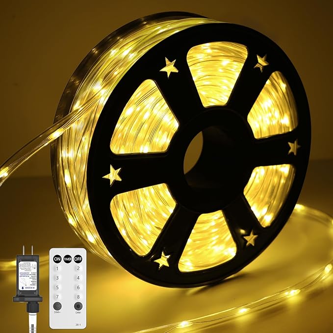 50FT 360 LED Waterproof Rope Lights Outside with Remote, 8 Modes and 4 Brightness Tube Lights for Christmas, Bedroom, Patio, Garden, Indoor Outdoor Decoration (Warm White)