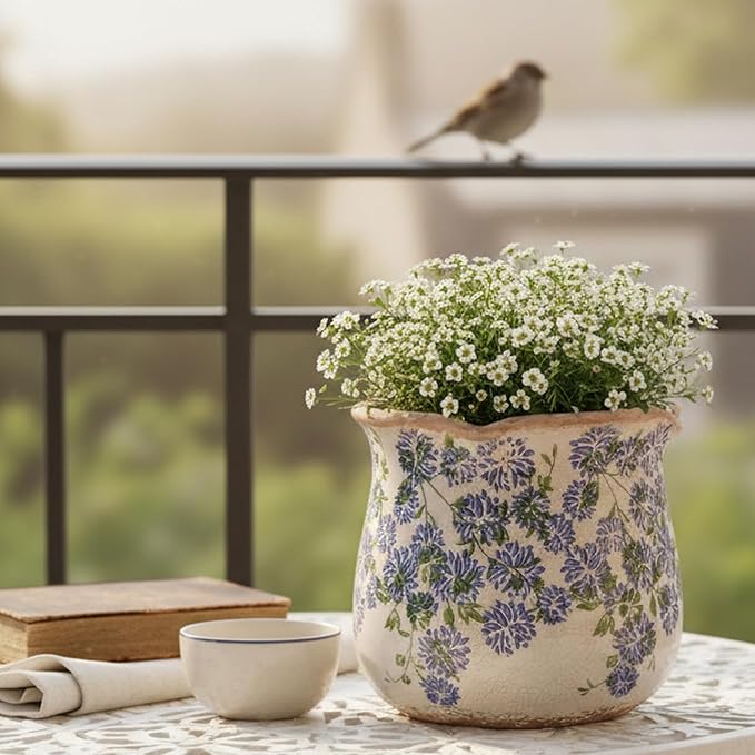 Ceramic Pots for Plants, Vintage Plant Pot with Drainage Hole, 6.11in. Planter for Indoor Plants, Crackle Glaze Finish Flower Pot, Perfect Tuscan Ceramic Planter for Gardening, Antique Blue Meadow