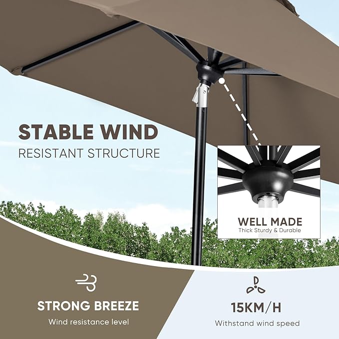 Tempera Patio Market Outdoor Table Umbrella with Auto Tilt and Crank, Large Sun Umbrella with Sturdy Pole & Fade Resistant Canopy, Easy to Set