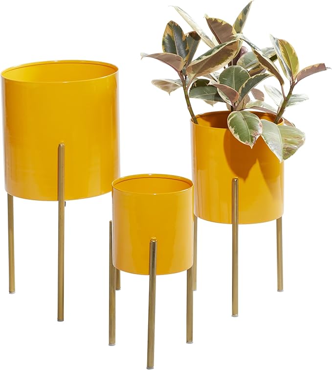 Deco 79 Metal Indoor Outdoor Planter Large Planter Pot with Removable Stand, Set of 3 Planters 12", 14", 18"H, Yellow