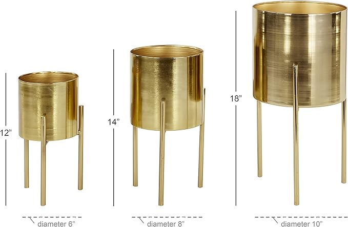 Deco 79 Metal Indoor Outdoor Planter Large Planter Pot with Removable Stand, Set of 3 Planters 18", 14", 12"H, Gold