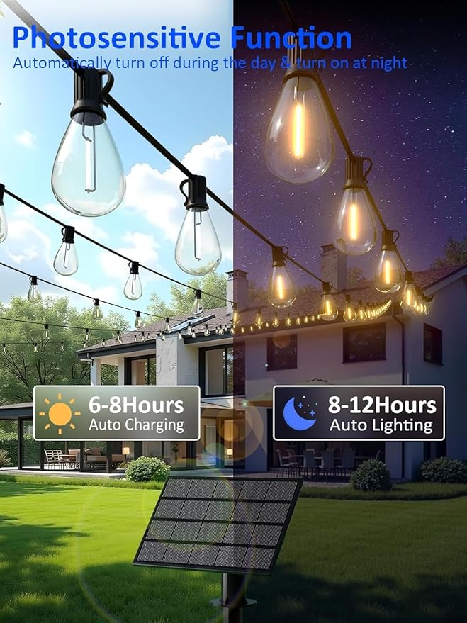 luckystyle 50FT Solar String Lights Outdoor Waterproof 2200K with Remote & USB Charging, 18+1 LED Shatterproof Bulbs, Dimmable & Timable, 3 Light Modes, Long Last for Garden,Patio, Backyard, Camping