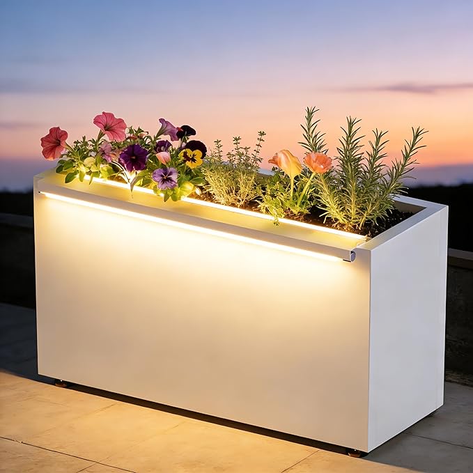 GSK 30" L White LED Metal Planter with Light Outdoor Illuminate Magnetic 3000K Lighting Strips Rectangular Flower Box Rectangle Trough Drainage Holes Indoor Patio Balcony Garden