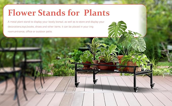 Zhongma Sturdy Metal Plant Stand with Wheels, 32.7x16x11.6 Inch High, Heavy Duty Succulent Shelf for Home Indoor and Outdoor, 220 LBS Capacity & Heavy Duty Construction