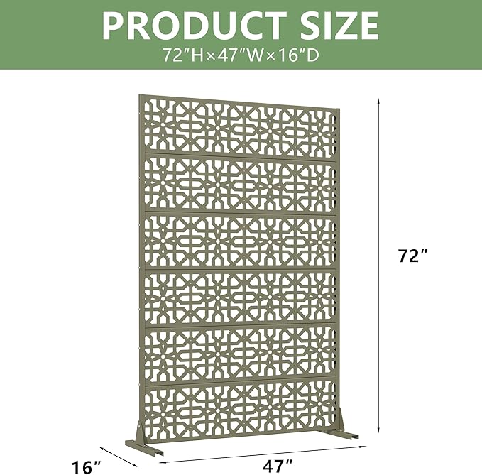 Casaphoria Metal Privacy Screen Outdoor, 72" H x 47" W Freestanding Decorative Privacy Screen for Patio Deck Balcony Garden with Stable Base, Green-Perilla