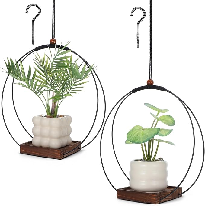 2 Pack Hanging Planters for Indoor Outdoor Plants, 12 Inch Sturdy Wood Base Metal Plant Hanger Modern Boho Minimalist Flower Pot Holder Basket Wall Ceiling Window Stands Home Wall Decor