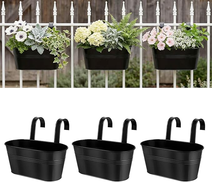Metal Railing Planters for Outdoor Plants - 3 Pcs Balcony Hanging Flower Pots with Detachable Hooks & Drain Holes, Windowsill Oval Hanging Bucket Pots Fence Planters for Garden Home Decor, Black