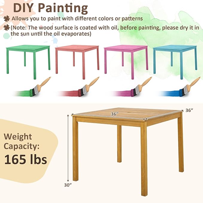 Tangkula 36" Square Outdoor Dining Table, Acacia Wood 4-Person Patio Dining Table with 1.9" Umbrella Hole, Farmhouse Patio Bistro Table, Indoor Outdoor Dining Furniture for Yard Deck Lawn