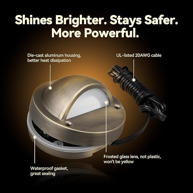 LEONLITE 12-Pack Update 5CCT LED Low Voltage Deck Lights, 180LM 3.74inch Landscape Step Railing Fence Light, 12-24V AC/DC, CRI90, Die-cast Aluminum Housing & Frosted Glass Lens, UL Cord, Bronze