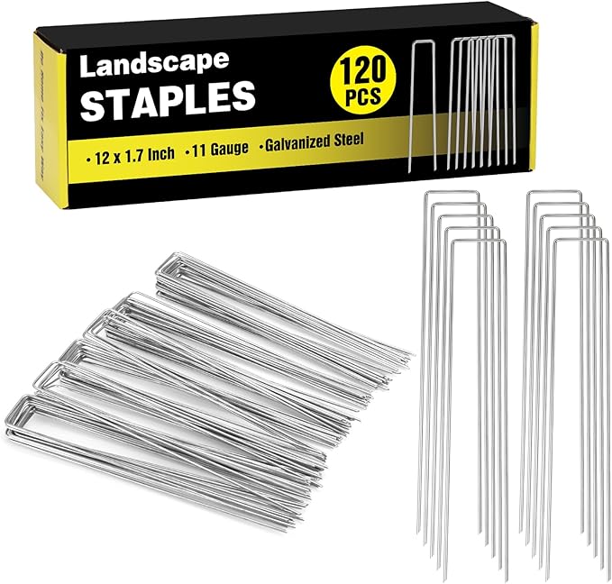 HongWay 120 Pack 12 Inch Landscape Staples, Garden Stakes 11 Gauge Galvanized Ground Staples Lawn Yard Tent Fence Stakes Landscaping Fabric Pins for Gardening Secure Outdoor Decorations