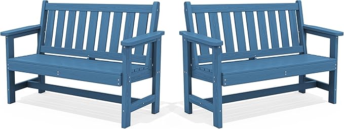 SERWALL HDPE Outdoor Benches Weatherproof, 2-Person Garden Bench with 660 lbs Weight Capacity, Patio Benches for Outdoors, Garden, Porch, Park, Navy, 2 Pack