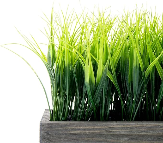 MyGift 14 Inch Artificial Green Grass Plant in Vintage Gray Wood Planter Window Box, Faux Greenery in Decorative Rectangular Crate Style Wooden Container