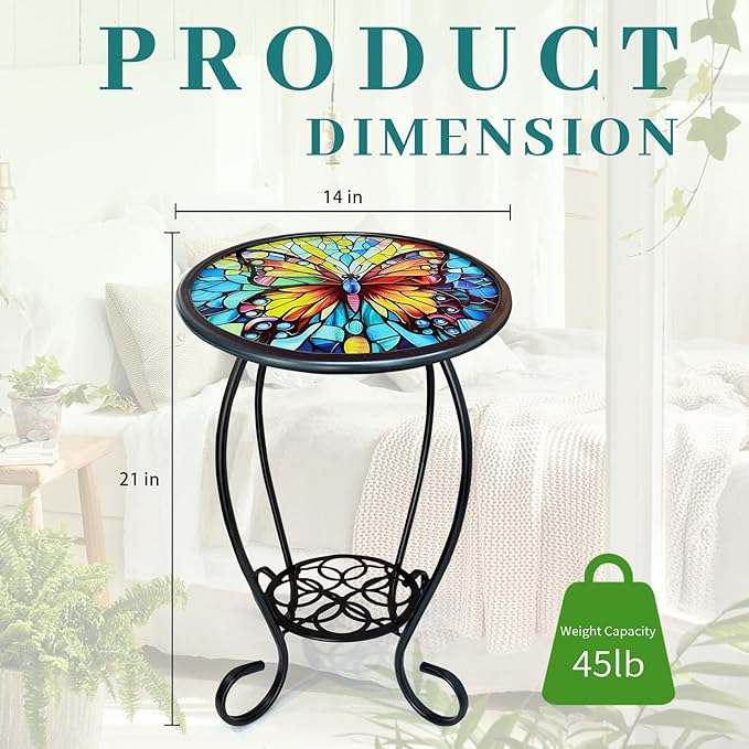 LIFFY Outdoor Side Table, 14" Round Mosaic Patio Table with Glass Butterfly Tabletop, 21" Height 2-Tier Indoor Small Decorative Plant Stand & End Table with Metal Frame for Home, Garden, Yard