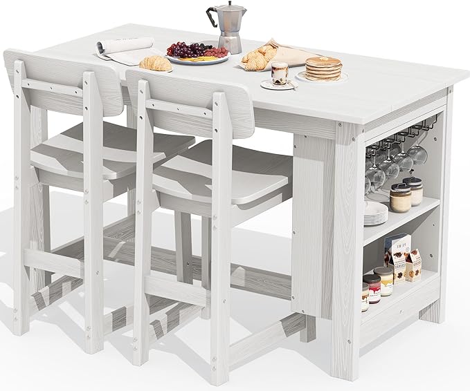 SERWALL 3-Piece Outdoor Counter Height Bar Set, HDPE Patio Bar Table with Wine Rack & Storage Shelf, 2 All-Weather Bar Stools, Patio Bar Dining Furniture Set for 3, White