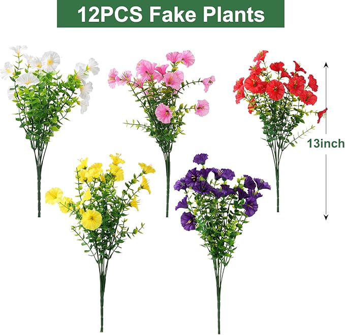 Artificial Flowers for Outdoors, UV Resistant Fake Silk Morning Glory, Realistic Faux Plants for Outside Porch Patio Window Box Hanging Planter (12, Purple White Yellow Pink Red)