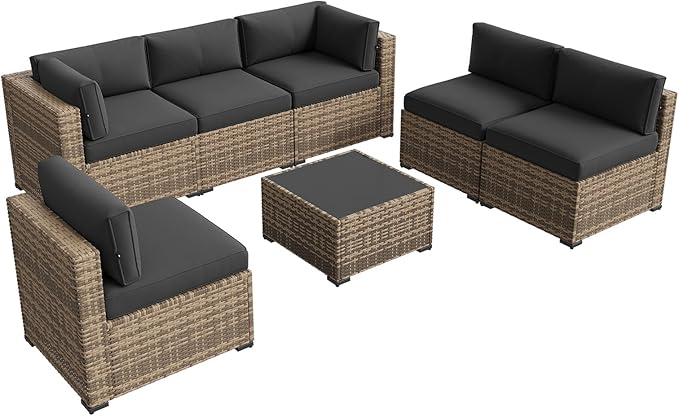 Aoxun Patio Furniture Sets, 7-Piece Outdoor Patio Furniture with Thick Cushions, Wicker Outdoor Conversation Set Sectional Sofa for Backyard, Poolside, Garden