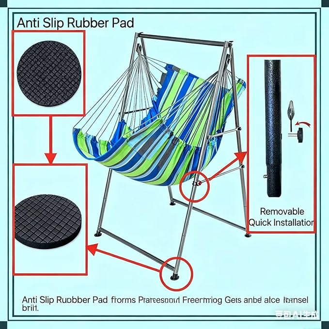 Hammock Chair Stand with X-Large Swing Chair with Footrest，Anti-Tip Thickened Weather-Resistant Iron Pipe Swing Frame, 450Lbs Stand Capacity Quick Assembly for Indoor Outdoor (Green Stripe)