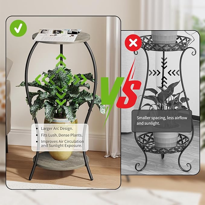Plant Stand Indoor, 2 Tier Round Tall Plant Stand, Flower Pot Stand, Plant Shelf Rack, Corner Plant Stand for Planter Garden Balcony Patio Living Room (Grey-Wood, 2 Tier)