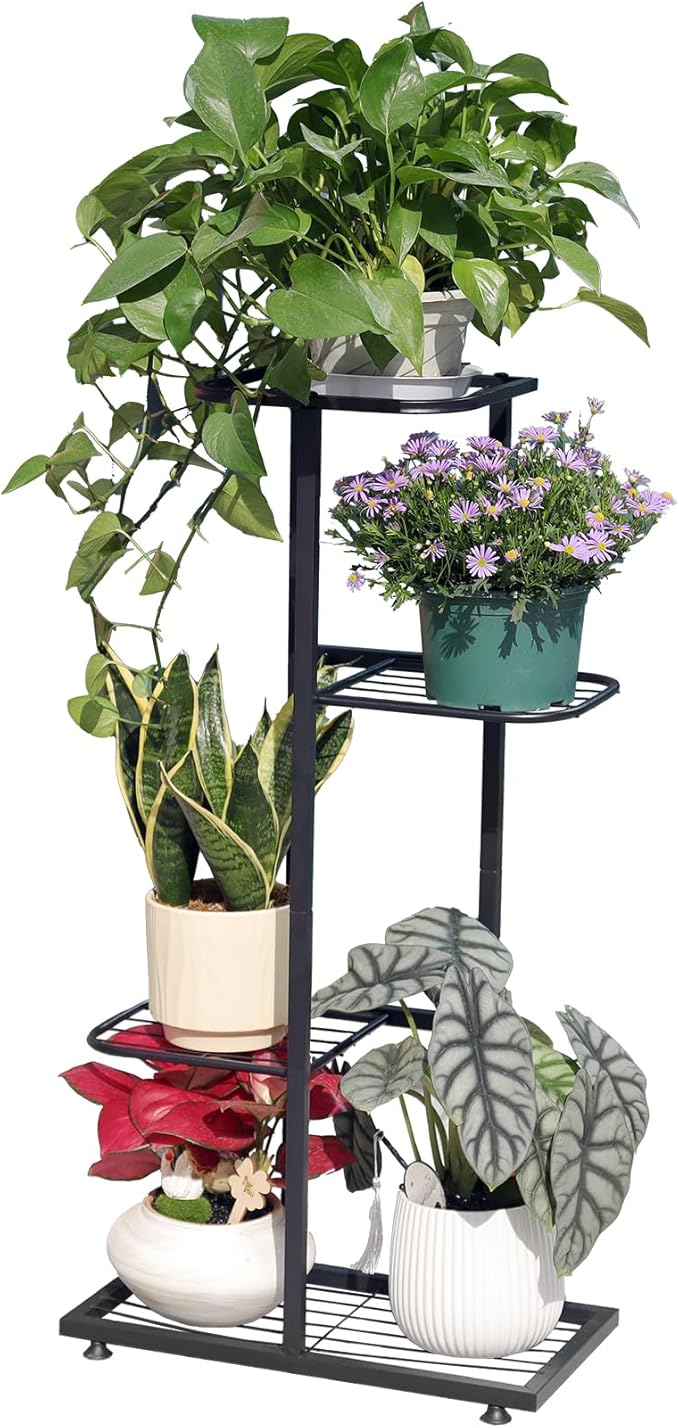 Plant Stand Indoor Outdoor, Corner Metal Plant Stands, Heavy Duty Tall Planter Shelf for Multiple Plants, Flower Pot Holder for Patio Garden Balcony Living Room (Black, 4 Tier-5 Potted)