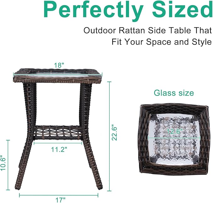VINGLI Outdoor Side Table with Storage Wicker Patio Side Table, Tempered Glass Top End Table for Balcony Porch Deck (Brown)