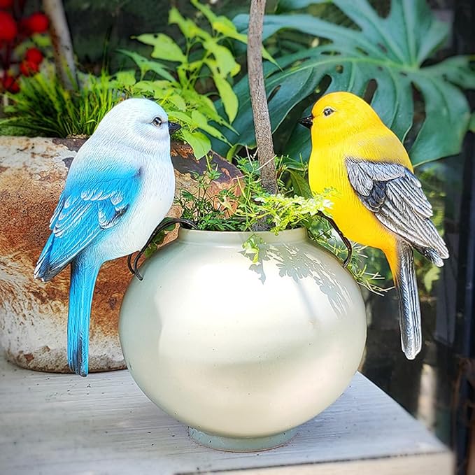 Garden Bird Statue Flower Pot Hugger Outdoor Decor for Tree, 6.7" Tall Resin Bird Figurine Plant Pot Decorations for Fence Balcony Patio Lawn Yard Ornaments (Yellow)