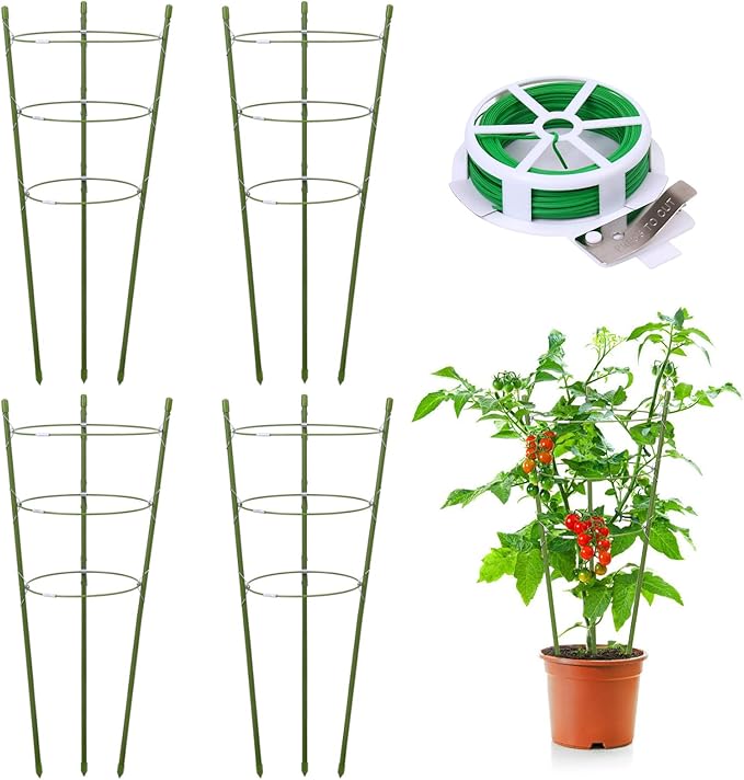 4 Pack Plant Support Tomato Cages for Garden, 24 Inches Tomato Cages and Supports with Adjustable Rings for Garden Pots, Plant Stakes Tomato Trellis Rings for Climbing Plants