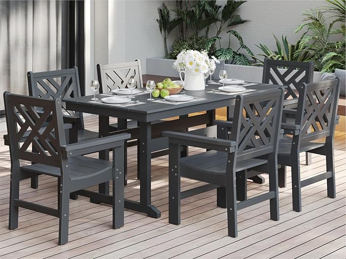 7-Piece Outdoor Dining Set, HDPE All-Weather Patio Table and Chairs Set for 6, Outdoor Patio Furniture Sets with Umbrella Hole for Outside, Deck, Backyard, Garden (Black)