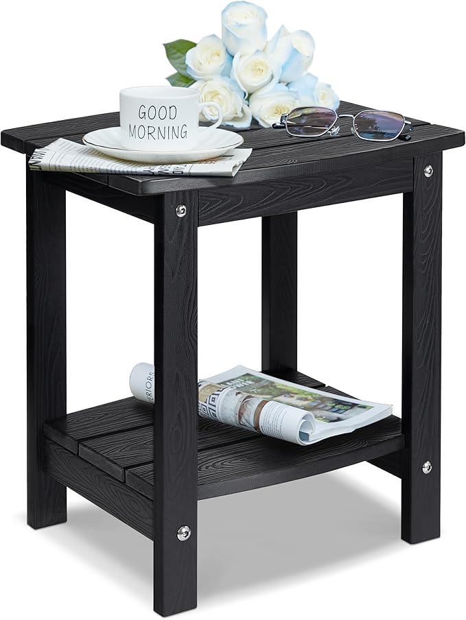 Y&M Outdoor Side Table, HIPS Adirondack Small Double Layer Table, Waterproof Square Outside Table, Balcony Modern End Tables for Patio, Pool, Beach, Porch, Deck, Indoor or Outdoor Use, Black