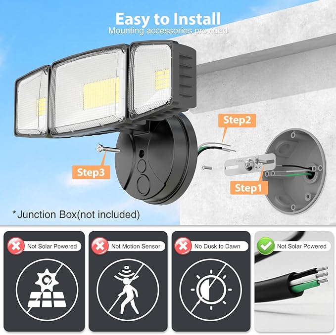 Onforu 100W 11000LM Flood Lights Outdoor, Brightness Security LED Flood Lights with 3 Adjustable Heads, Switch Controlled, IP65 Waterproof 6500K Outside Exterior Flood Light for Yard Garage Eave Patio
