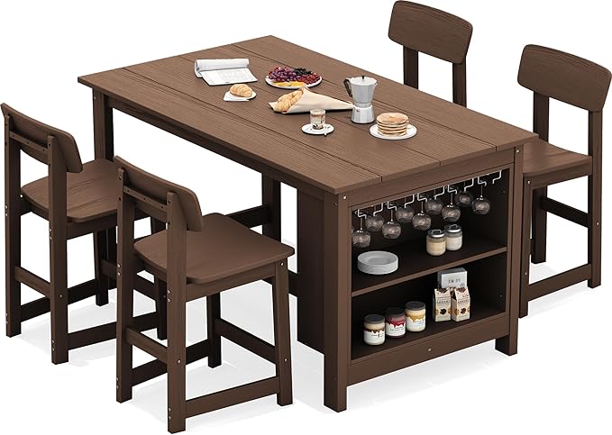 SERWALL Outdoor Bar Table and Chairs Set, 5-Piece HDPE Counter Height Patio Dining Sets with Storage and Wine Rack, Rectangular High Top Bar Table with 4 Bar Stools for Garden, Backyard, Brown