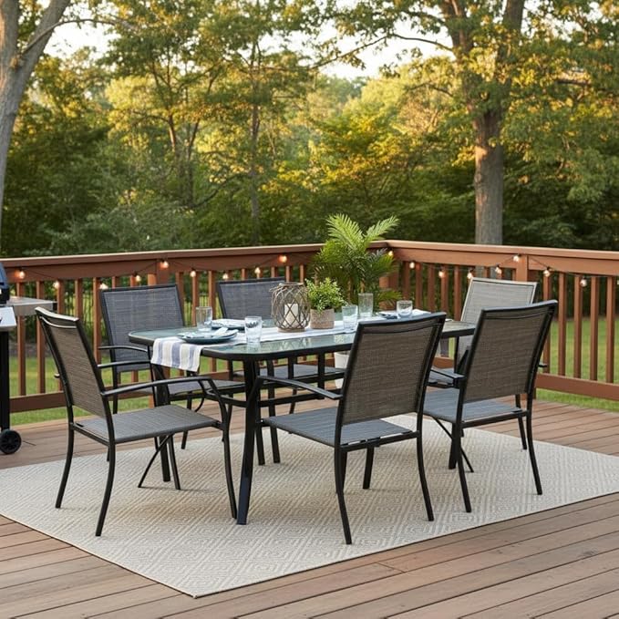 Tangkula 55" Patio Dining Table for 6, Rectangle Outdoor Dining Table with Tempered Glass Tabletop, Umbrella Hole & Metal Frame, 6-Person Outside Dining Table for Backyard, Lawn, Deck & Poolside