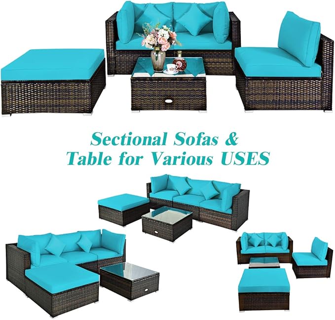 Tangkula 5 Pieces Patio Rattan Furniture Set, Outdoor Sectional Rattan Sofa Set with Back & Seat Cushions, Wicker Conversation Set with Tempered Glass Table for Backyard Porch Poolside (Turquoise)