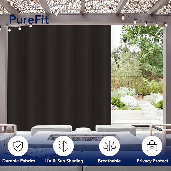 PureFit Outdoor Curtains for Patio Waterproof Weatherproof, UV and Fade Resistant Outside Curtains for Gazebo, Front Porch, Pergola, Sun Blocking Privacy Curtain, 100W x 95L inch, 1 Panel, Chocolate