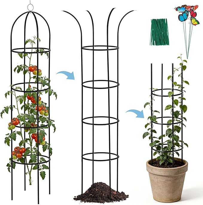 100% Metal Trellis for Climbing Plants Outdoor 6.6ft 1PK,Garden Obelisk Trellis for Potted Plants Indoor with Ties and Butterflies,Plant Support for Clematis Tomato Cucumber Ivy Rose