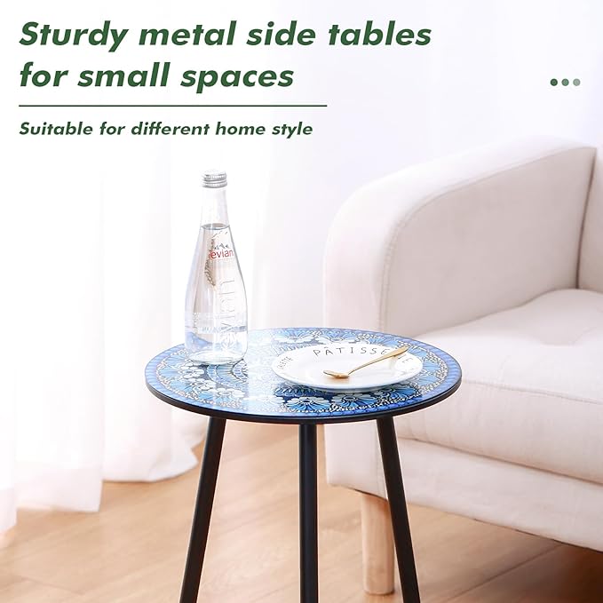 Metal Outdoor Side Tables Set of Two Small Outside Round End Table for Patio Modern Accent Garden Corner Table for Small Spaces, Balcony, Porch, Weather-Resistant, Plant Stand Indoor, Blue