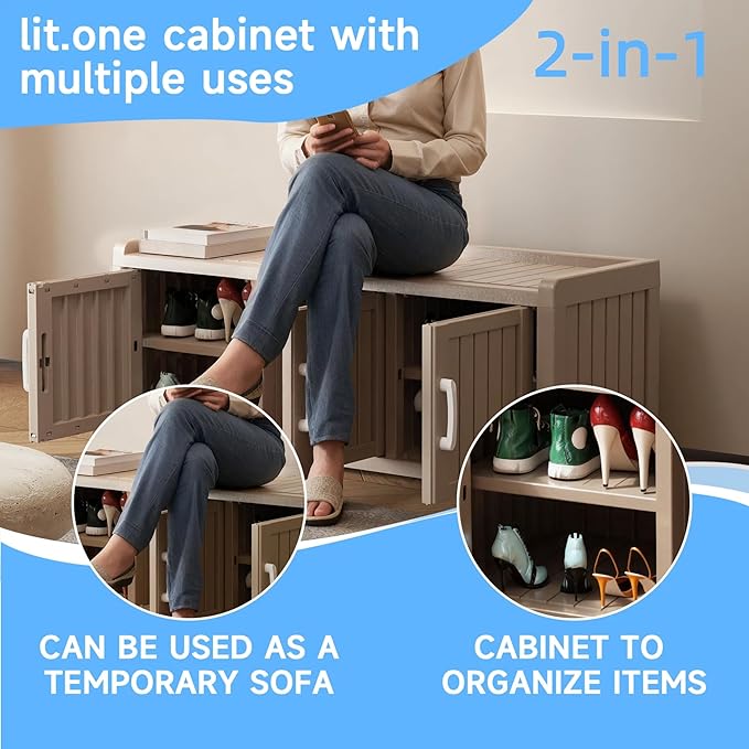 3 Doors Shoe Bench, Waterproof & UV-Resistant, Resin Shoe Cabinet Indoor & Outdoor Use, Entryway Bench with Adjustable Shelves & Hidden Storage Space for Bedroom, Hallway, Grey