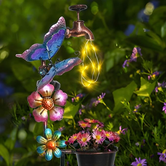 Afirst Solar Outdoor Lights Decorative - Solar Decorative Butterfly Lights Faucet Shaped Twinkling Light Garden Stake Decorations for Pathway Lawn Patio Courtyard Backyard