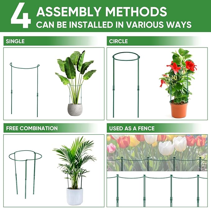 6 Pack 32 or 16 inch Adjustable Plant Support Stakes, Heavy-Duty Half Round Peony Support, Garden Plant Stakes Cage for Outdoor Plants, Peony, Tomato, Hydrangea, (16In Support +16In Extension Tubes)