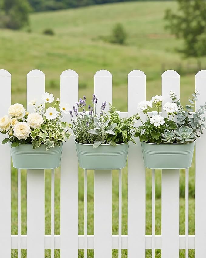 vensovo Metal Railing Planter for Outdoor Plants - 3 Pack Balcony Hanging Planter Box with Detachable Hooks and Drain Holes Oval Hanging Pots Fence Planters for Railing Garden Fence, Green