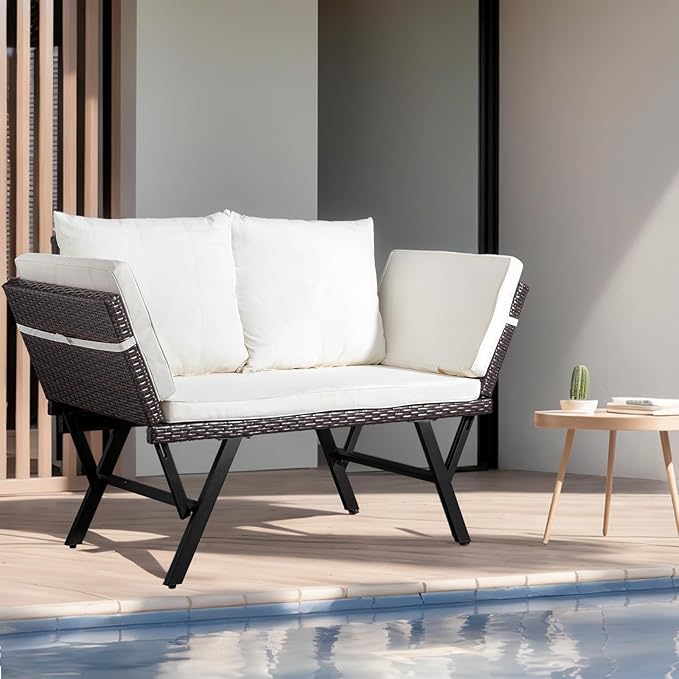 VINGLI Outdoor Loveseat, Woven Rattan Outdoor Sofa with Adjustable Armrests, Patio Loveseat with Removable Cushions and Pillows, Convertible Patio Couch for Yard Pool Balcony
