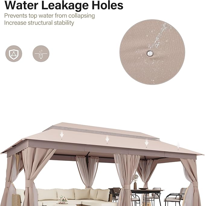 LAUSAINT HOME Semi-Permanent Outdoor Patio Gazebo 10'x20', Heavy Duty Party Tent Shelter with Double Roofs, Mosquito Nettings and Privacy Screens for Backyard, Garden, Lawn, Khaki